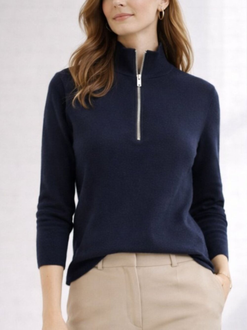 Sandro Women's Navy Half Zip Wool Pullover Sweater 36320 - Picture 2 of 12